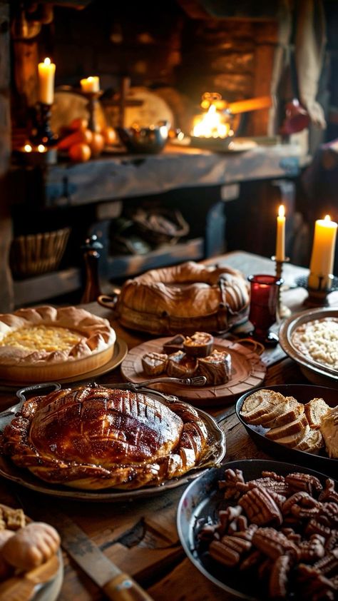 Medieval Christmas Aesthetic, Cottagecore Aesthetic Food, Medieval Core Aesthetic, Dark Academia Food, Medieval Dinner, Skyrim Food, Medieval Feast, Hobbit Food, Viking Food