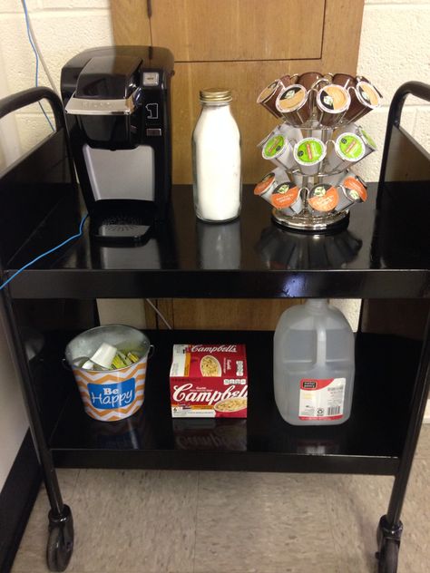 My Keurig station in my classroom. Coffee Bar In Classroom, Classroom Coffee Station, Teaching Class, Classroom Style, Teaching Stem, Sixth Grade Math, Life Skills Classroom, Teacher Desk, High School Classroom