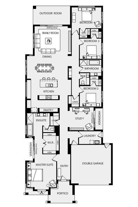 Inbuilt Storage, Shotgun House Plans, Suite Layout, Metricon Homes, Narrow House Designs, Narrow House Plans, Block House, Narrow Lot House, Shotgun House