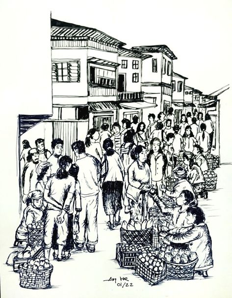 Surrealism Drawing, Beautiful Pencil Drawings, Market Scene, Human Sketch, Modern Art Canvas Painting, Human Figure Sketches, Perspective Drawing Architecture, City Sketch, Scene Drawing