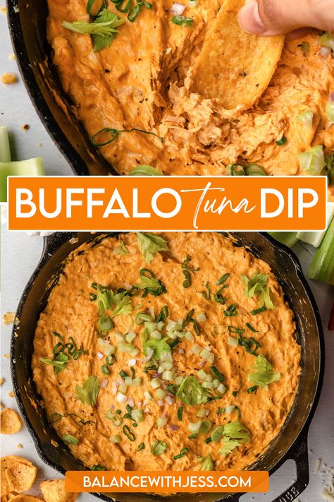 This easy Buffalo Tuna Dip is a fun twist on Buffalo Chicken Dip! Canned tuna adds a subtle umami & boost of flavor, plus it's affordable & convenient! This creamy, cheesy snack only takes 20 minutes & 10 simple ingredients. It's the perfect appetizer for game night, Super Bowl, potlucks, holidays, & parties! Gluten free, less than 30. minutes, one pot, one pan. Salmon Buffalo Dip, Tuna Buffalo Dip, Buffalo Tuna Recipe, Pescatarian Dinners, Protein Dips, Buffalo Tuna, Tuna Dip, Tuna Fish Recipes, Dips Recipes