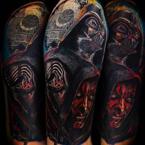 Darth Vader Kylo Ren Tattoo, Kylo Ren Tattoo, Maul Tattoo, Vader Tattoo, Darth Vader Tattoo, Darth Vader Kylo Ren, Movie Tattoo, Tattoo Leg, Star Wars Tattoo