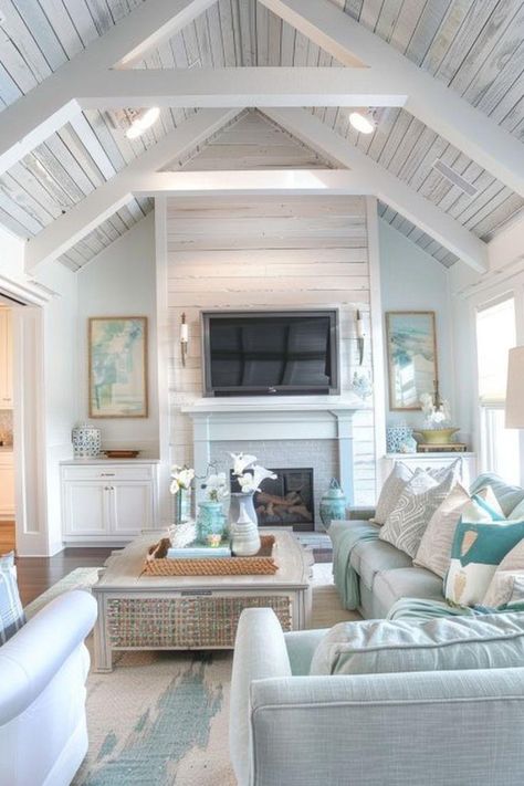 Small Cottage Exterior, Cottage Exterior Design, Small Coastal Cottage, Beach Cottage Ideas, Lake House Living Room, Rose Bedroom, Victorian House Interiors, Banquette Seating In Kitchen, Coastal Decorating Living Room