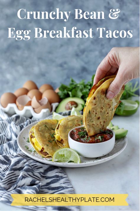 Crunchy Bean & Egg Breakfast Tacos - Rachel's Healthy Plate Egg Breakfast Tacos, Crunchy Breakfast, Sauteed Peppers And Onions, Creamy Avocado Sauce, Crispy Tacos, Healthy Breakfast Muffins, Healthy Plate, Taco Ingredients, Breakfast Toast