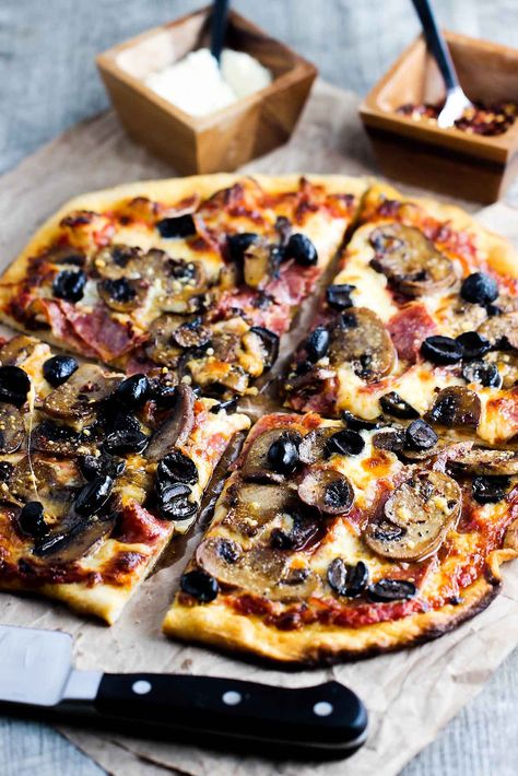 This Soppressata, Mushroom and Black Olive Pizza recipe is about as good as they come. The homemade pizza dough and sauce puts this pizza off the charts. Semolina Pizza Dough, Black Olives Recipes, Olive Pizza, Pizza Oven Recipes, Amazing Cookies, Flat Breads, Olive Recipes, Homemade Pizza Dough, Black Olives