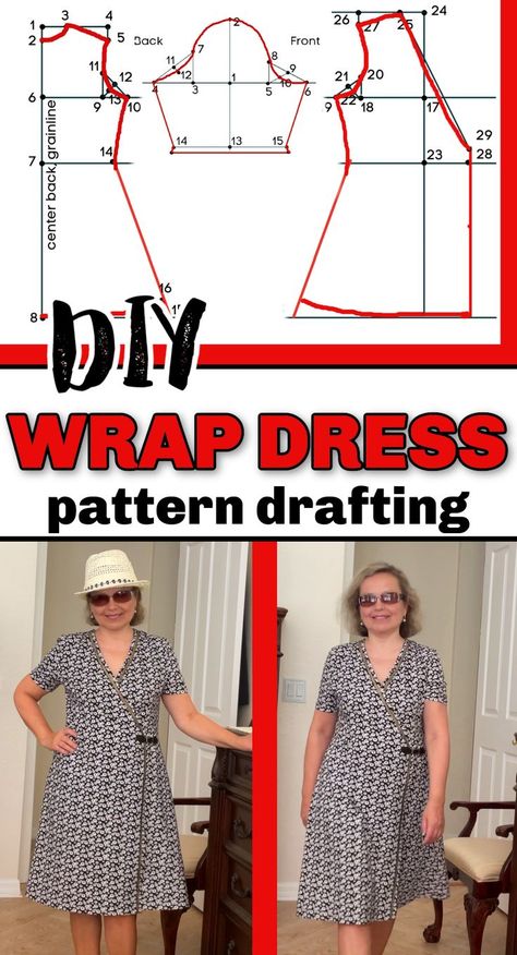 learn how to draft a pattern for a wrap dress Wrap Dress Pattern Drafting, Pants Pattern Drafting, Diy Wrap Dress Pattern, A Skirt Pattern, Diy Wrap Dress, Wrap Dress Tutorial, Pola Dress, Wrap Dress Sewing, Wrap Dress Sewing Patterns