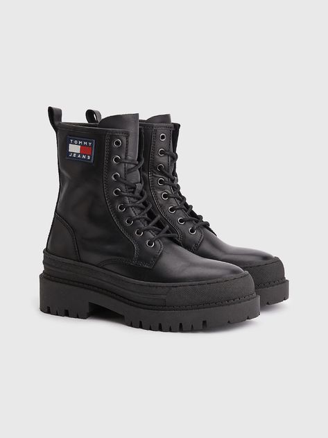 Leather Lace-Up Boots | BLACK | Tommy Hilfiger Tomy Hilfiger, Leather Boots Outfit, Womens Black Ankle Boots, Tommy Hilfiger Boots, Leather Lace Up Boots, Combat Boot, Chunky Boots, Tommy Hilfiger Women, Boots Outfit