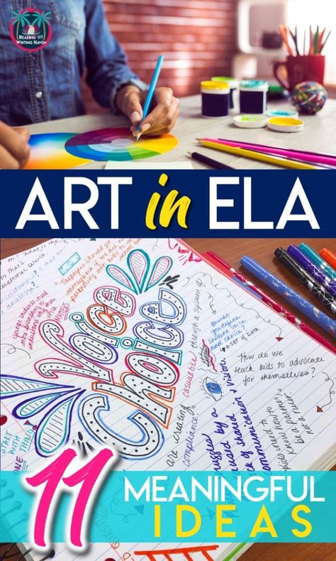 Incorporating Art in ELA Class: Lesson Plan Ideas | Reading and Writing Haven Grade 7 Language Arts, Reading Tutoring Ideas 4th Grade, Ela Projects Middle School, High School Ela Bulletin Board Ideas, 5th Grade Ela Classroom Setup, 8th Grade Ela Classroom, 6th Grade Ela Classroom, English Project Ideas For High School, Ela Lesson Plans Middle School