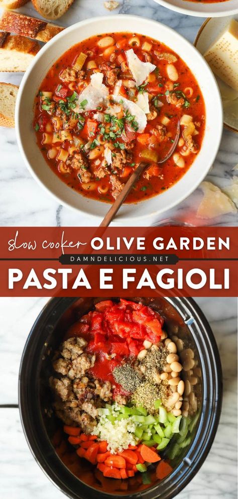 SLOW COOKER OLIVE GARDEN PASTA E FAGIOLI, crockpot, dinner ideas, comfort food, easy main dishes Pasta Fagioli Crockpot, Slow Cooker Pasta Fagioli, Olive Garden Soup, Garden Soup, Olive Garden Pasta, Garden Pasta, Pasta Fagioli Recipe, Slow Cooker Pasta Recipes, Pasta Fagioli Soup