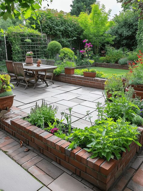 Raised Patio Design: Spacious Paving Stones and Lush Greenery Garden Brick Border, Raised Bed Patio Border, Raised Lawn Ideas, Brick Edged Patio, Lawn Sitting Ideas, Raised Brick Patio, Stone Paver Patio Ideas, Raised Borders Garden, Stepped Patio