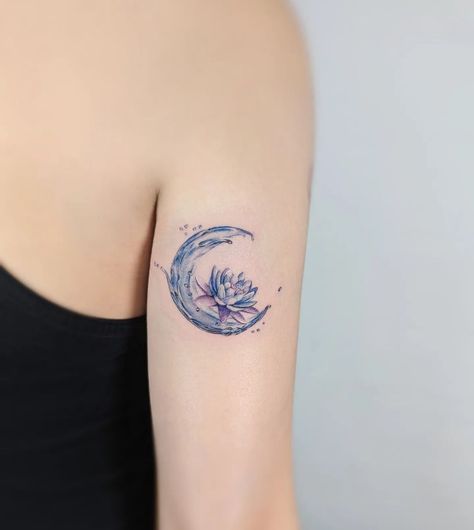 Water moon with lotus🪷 Custom flash design💕 #lotustattoo #moontattoo #floraltattoo #bluetattoo #lotus #moon #flashtattoo #flashdesign… | Instagram Moon And Water Lily Tattoo, Lotus On Water Tattoo, Water Lilies Tattoo Design, Water Moon Tattoo, Water Flower Tattoo, Moon And Water Tattoos, Moon Water Tattoo, Moon And Ocean Tattoo, Lotus Moon Tattoo