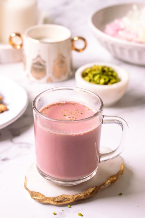 Kashmiri Chai - Authentic Pakistani Pink Tea - Flour & Spice Kashmiri Dessert, Kashmiri Chai Aesthetic, Kashmiri Pink Chai, Kashmiri Breakfast, Morning Tea Recipes, Kashmiri Tea, Kashmiri Chai, Kashmiri Kahwa, Tea Drink Recipes