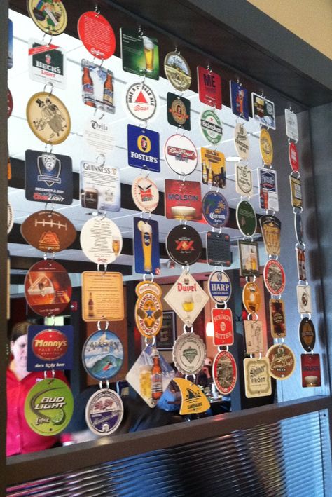 Craft beer coasters as room dividers or window focal interest. Beer Coaster Art, Sticker Display Ideas, Beer Coasters Diy, How To Brew Beer, Sticker Display, Beer Crafts, Beer Decorations, Making Beer, Coaster Projects