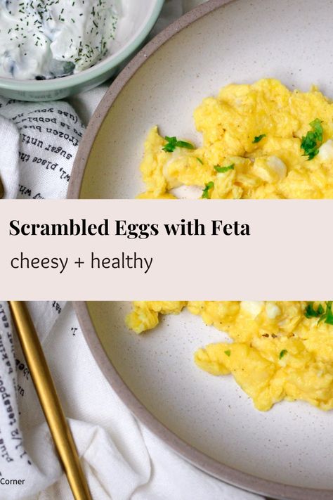 These Cheesy Scrambled Eggs are so fluffy and delicious. They are made with feta cheese and pair well with a veggie salad for a nutritious breakfast. Cheese Eggs Recipe, Cheese Scrambled Eggs, Wellness Corner, Breakfast Eggs Scrambled, Cheesy Scrambled Eggs, Scrambled Eggs With Cheese, Fluffy Scrambled Eggs, Eggs Recipes, Clean Breakfast