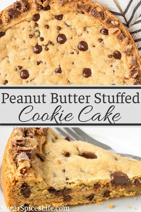 Peanut Butter Chocolate Chip Cookie Cake, Chocolate Peanut Butter Cookie Cake, Peanut Butter Cookie Cake Recipe, Stuffed Cookie Cake, Nutella Cookie Cake, Cat Cookie Cake, Cookie Cake Recipes, Peanut Butter Cookie Cake, Butter Cookie Cake