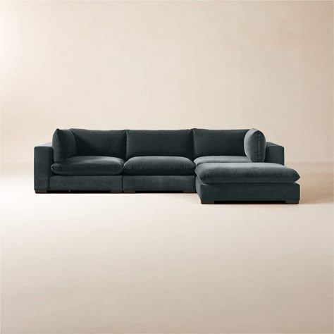 Deseo 4-Piece Modular Charcoal Grey Performance Velvet Sectional Sofa + Reviews | CB2 Gray Velvet Sofa Living Room Ideas, Cb2 Sectional, Cb2 Couch, Velvet Sectional Living Room, Mid Century Modern Apartment Living Room, Cozy Sectional Couch, Charcoal Couch Living Room, Black Velvet Sectional, Modern Grey Sectional