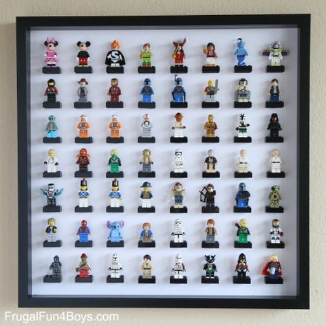 LEGO Minifigure Display with IKEA Frames Lego Displays, Minifigure Display, Lego Men, Lego Minifigure Display, Ikea Toy Storage, Ikea Toys, Lego Bedroom, Ikea Kids Room, Lego Organization