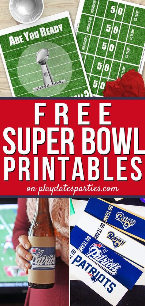 I'm so ready to up my game when it comes to football party decorations! And this set of free NFL Super Bowl printables is going to be perfect for that! I just love that it includes signs with and without the teams names. Plus, there are generic DIY water bottles labels as well as labels for Patriots and Rams fans. #partyideas #football #gameday Superbowl Printables Free, Super Bowl Cricut Ideas, Super Bowl Printables Free, Free Superbowl Party Printables, Super Bowl Party Decorations Diy Simple, Super Bowl Classroom, Super Bowl Invitations Templates, Super Bowl Party Games Free Printables, Diy Super Bowl Decorations