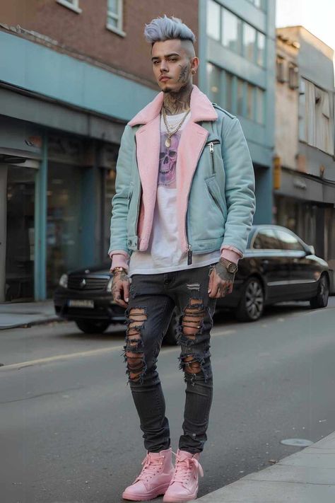 Pastel Punk Outfits Male, Pastel Goth Men, Pastel Goth Male, Pastel Grunge Fashion, Pastel Punk Outfits, Neon Punk Fashion, Cyberpunk Outfit Male, Goth Boy Outfits, Goth Outfits Men