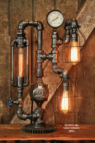 Fluorescent Light Makeover, Table Lamp Ideas, Industrial Lamp Design, Steampunk Bedroom, Diy Industrial Lighting, Steampunk Desk, Steampunk Table, Steampunk Table Lamp, Industrial Pipe Lamp