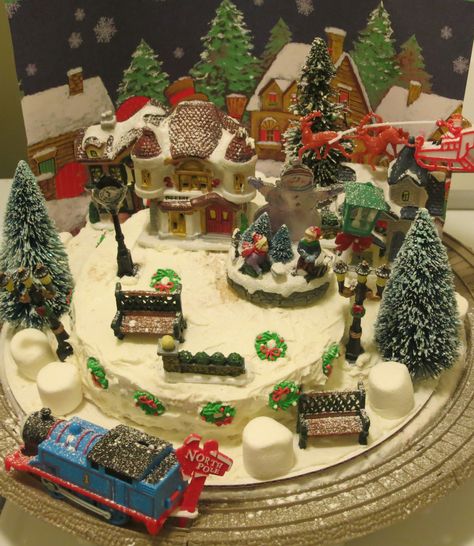 Christmas Village Cake! with working lights and train!  vanilla cake covered in fluffy white frosting with xmas props...marshmallows and candy sugar wreaths! Christmas Village Cake, Christmas Toy Train, Fluffy White Frosting, Cakes Pictures, Christmas Village Display Ideas, Village Display Ideas, Diy Christmas Village, Xmas Dinner, White Frosting