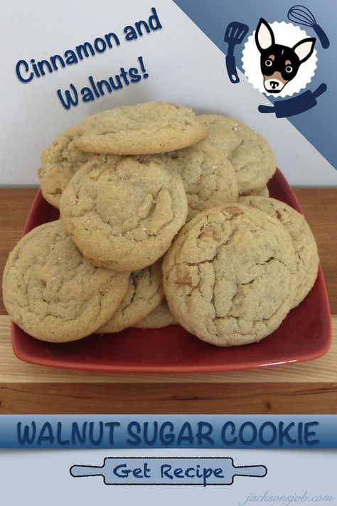 This is sugar cookie recipe that is dressed up with walnuts and cinnamon for an extra punch of flavor. An easy recipe that packs a lot of taste in a small package. Cinnamon Sugar Cookies Recipe, Walnut Cookie Recipes, Cinnamon Sugar Cookies, Cinnamon Cookies, Walnut Cookies, Sugar Cookie Recipe, Cinnamon Recipes, Easy Cookie Recipes, Sugar Cookies Recipe