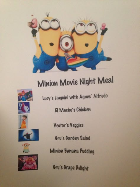 Movie Night Disney Theme, Disney Movie Food Ideas, Minion Movie Night, Movie Night Themed Dinner, Movie Themed Dinner Ideas For Kids, Minions Movie Night, Minion Dinner Ideas, Movies With Food Themes, Disney Movie Themed Food