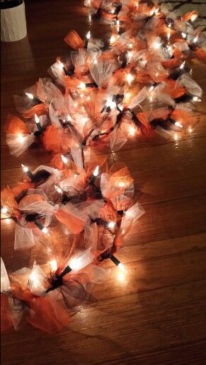 I have Christmas lights!! we could tie tulle to it.. I have LOTS! Black Tulle Halloween Decor, Tulle Halloween Decorations, Halloween Door Decs, Halloween Decorations For Outside, Apartment Fall Decor, Ward Halloween Party, Small Halloween Party, Tulle Projects, Halloween Mantel