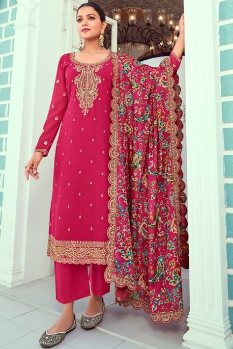 Rani Pink Embroidered Georgette Trouser Kameez Lehenga Style Saree, Wedding Jewellery Designs, Designer Sarees Wedding, Readymade Salwar Kameez, Rani Pink, Cotton Salwar Kameez, Lehenga Style, Embroidered Pants, Designer Salwar Suits