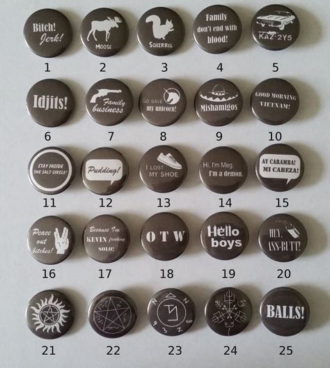 Supernatural Button / Button Set by ButtonsAndSundry on Etsy Castiel Costume, Supernatural Diy, Supernatural Cake, Supernatural Merch, Best Supernatural Quotes, Supernatural Crafts, Supernatural Birthday, Fandom Crafts, Supernatural Party