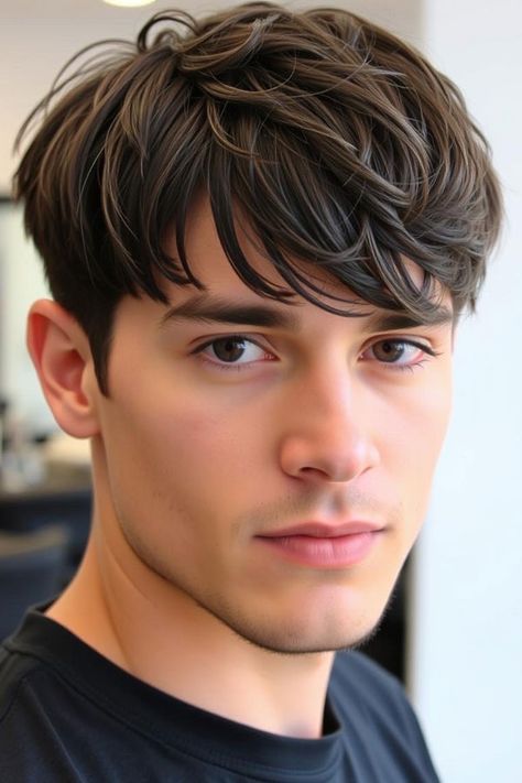 Rich Brown Haircut with Textured Fringe, Modern Men Hairstyle, men haircut Men's Fringe Hairstyles, Modern Fringe Haircut, Mens Haircut Fringe, Fringe Haircut Men, Brown Haircut, Longer Layers, Male Hairstyle, Mens Fringe, Messy Fringe