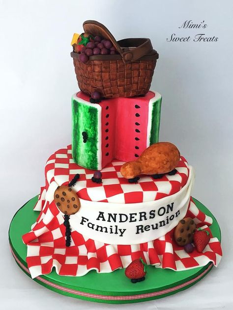 Family Reunion Cake Ideas, Reunion Cake Ideas, Family Reunion Cakes, Picnic Cakes, Family Reunion Picnic, Fair Cake, Family Reunion Themes, Family Reunion Decorations, Watermelon Basket