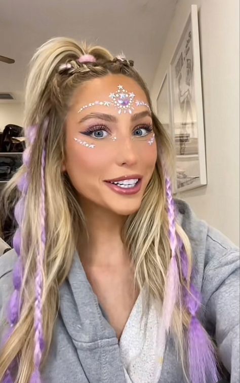 Rave Hair Half Up Half Down, High Pony Extensions, Festival Braids Half Up, Colorful Festival Hair, Festival Hair Braids Half Up, Purple Festival Hair, Festival Hair Half Up Half Down, Bid Day Hairstyles Sorority, Raver Hairstyle