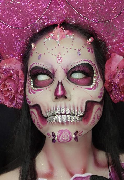 Pink Skull Makeup, Pink Skull, Skull Makeup, Sugar Skulls, Sugar Skull, Halloween, Makeup, Pink, Make Up