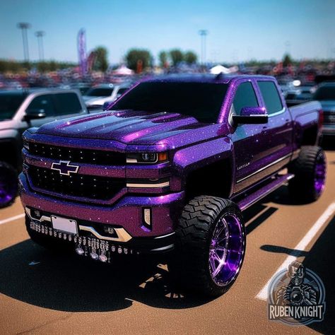 Tall Trucks, Purple Truck, Truck Aesthetic, Green Truck, Black And Purple, Purple And Green, Jeep, Cars Trucks, Trucks