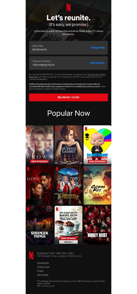 Win back campaigns Email Example - Netflix - Try Netflix again today. - #WinBackEmails #EmailDesign - View 100s of win back email templates and examples with MailCharts! Win Back Email, Winback Email, Mailing Design, Design Analysis, Email Examples, Campaign Planning, Email Template Design, Email Design Inspiration, Email Template