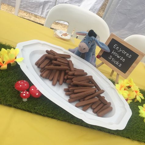 Eeyore is a favourite at our house and we used chocolate coated biscuits as sticks from his collapsed house. Pooh Birthday, Winnie The Pooh Birthday, Chocolate Coating, Our House, Winnie The Pooh, 1st Birthday, Waffles, Biscuits, Birthday Cake