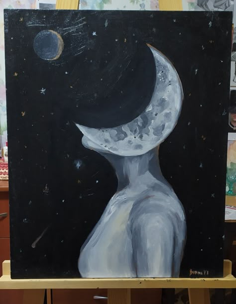 Paints On Canvas Aesthetic, Painting Ideas On Canvas Artist, Cute Dark Paintings, Moon Drawing Canvas, Painting Ideas On Canvas Person, Space Painting Aesthetic, Moon Painting Aesthetic Easy, Moon Canvas Painting Ideas, Cute Moon Paintings