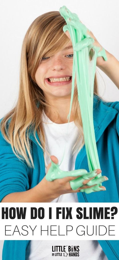 The ultimate how to fix slime guide for basic homemade slime recipes. How do I fix slime is the number one question I get these days. Check out our slime help guide for troubleshooting each of our 4 basic slime recipes plus some common reader questions. How do you fix slime? #slimerecipe #slime #howtomakeslime #howtofixslime #homemadeslime How To Fix Over Activated Slime, How To Make Slime Not Sticky, Slime Add Ins, How Do You Make Slime, Non Sticky Slime Recipe, Non Sticky Slime, Slime Water, How To Fix Slime, Safe Slime Recipe