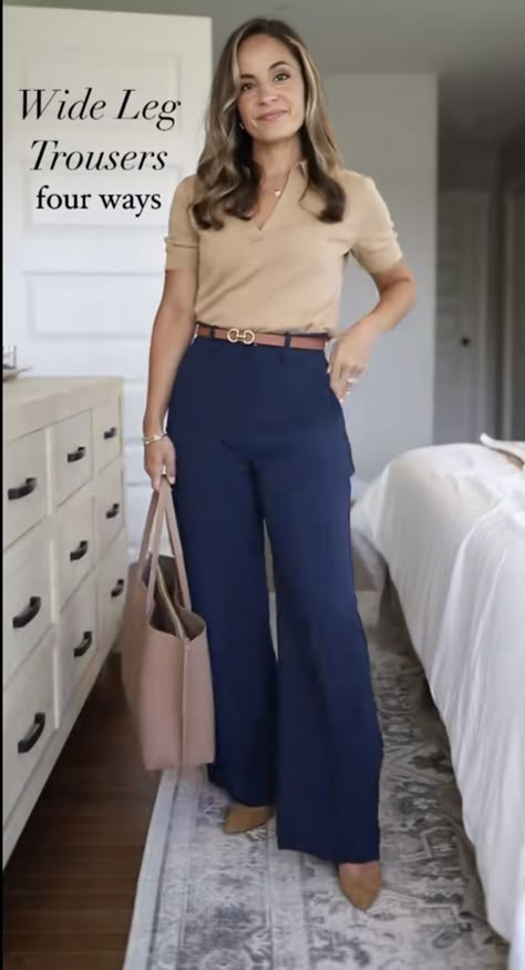 Wide Leg Navy Pants Outfit, Petite Office Outfits, Navy Blue Blouse Outfit, Navy Work Outfit, Blue And Khaki Outfit, Creative Interview Outfit, Navy Pants Outfit Work, Navy Blue Pants Outfit, Navy Pants Outfit