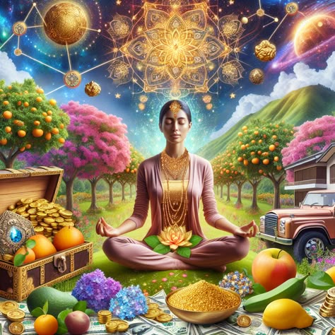 Experience the power of the universe in this idyllic image; a meditator among vibrant gardens, abundant fruits, treasure, seekers house, luxury car, money. All symbols of prosperity, hinting at the universe's response to manifesting wealth. Visit the link to learn more. #Manifestation #Prosperity #Wealth #Meditation #Universe #Abundance Prosperity Aesthetic, Abundance Images, Manifesting Abundance, Vision Board Photos, Manifesting Wealth, Money Pictures, Spiritual Manifestation, Law Of Attraction Affirmations, Ancient Knowledge