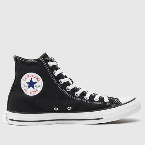 The Converse All Star Hi doesn't get much more iconic than with this black monochrome version. Boasting a black canvas upper, with classic patch branding on the inner ankle and a white vulcanised rubber sole. Ready to cop these classic kicks? We love! Mens Black Converse, Black Monochrome, Men's Converse, All Star Shoes, Christmas Tote, Black Converse, Black Trainers, Blue Pin, Trainers Black