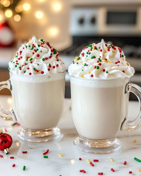 Hands down, this 'White Christmas' drink is the only one my hubby will request over and over! White Christmas Punch, Christmas Drinks Nonalcoholic, Sugar Free White Chocolate, Hot Chocolate Ingredients, Creamed Peas, Iced Drinks Recipes, Holiday Sprinkles, Christmas Punch, Christmas Hot Chocolate