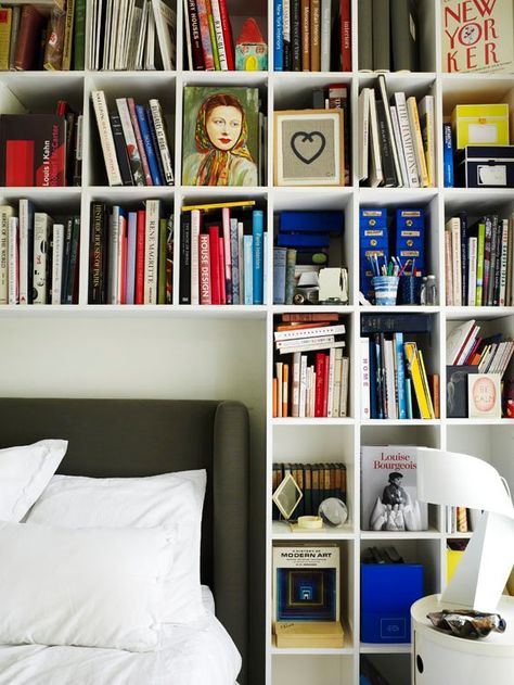 Megan Morton's bedside (bookshelf headboard) Bedside Bookshelf, Bookshelf Headboard, Home Bookshelves, Library Bedroom, Bookshelves In Bedroom, Book Cases, Organisation Ideas, Bedroom Bliss, Bedroom Renovation