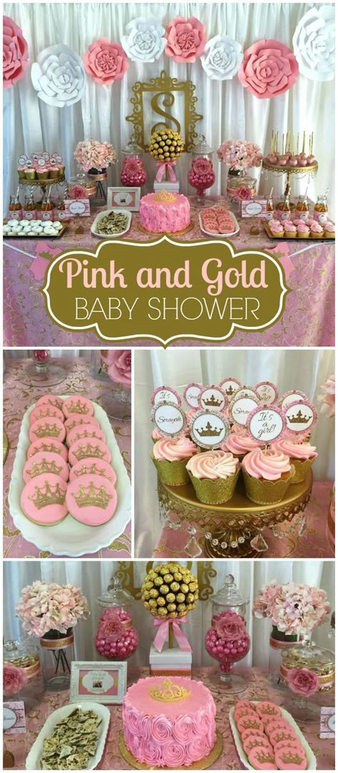 How gorgeous is this pink and gold royal baby shower?! See more party ideas at CatchMyParty.com! Royalty Baby Shower, Baby Shower Pink And Gold, Girl Shower Decorations, Pink And Gold Baby Shower, Pink Gold Baby Shower, Baby Girl Shower Ideas, Girl Shower Ideas, Girl Baby Shower Ideas, Royal Baby Showers