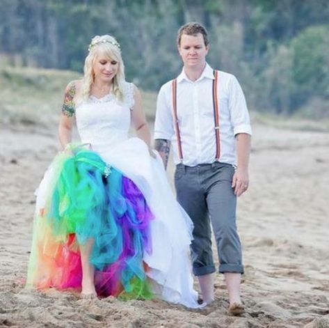 15 Brides Wearing Beautiful Rainbow Wedding Dresses - First for Women Rainbow Wedding Theme, Vegas Wedding Dress, Rainbow Wedding Dress, Muslim Wedding Dresses, Boda Mexicana, Rainbow Wedding, Lesbian Wedding, Gay Wedding, Muslim Wedding