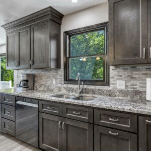 Brooklyn Slate Slate Kitchen Cabinets, Slate Cabinets Kitchen, Slate Tile Kitchen Cabinets, Slate Floors Kitchen Wood Cabinets, Kitchen Backsplash With Blue Cabinets Slate, Black Slate Backsplash Kitchen, Slate Subway Tile Backsplash, Slate Kitchen, Cherry Wood Cabinets