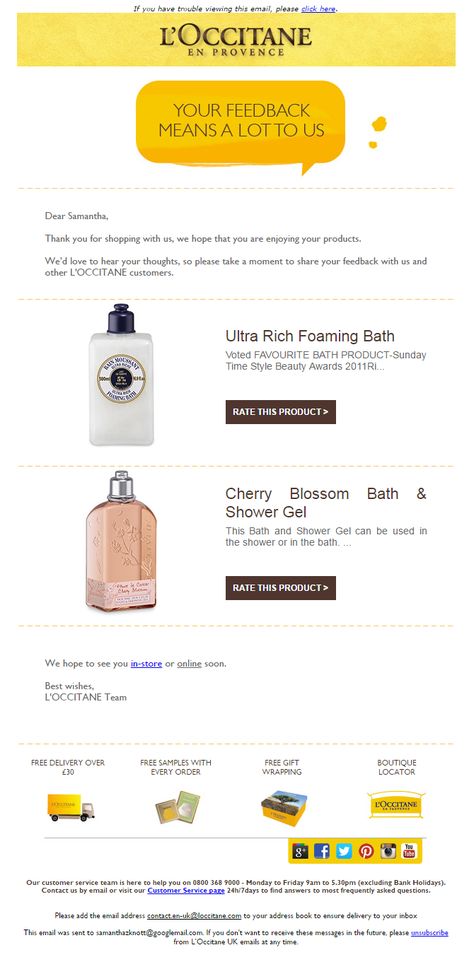 Email Marketing Design Inspiration - L'Occitane - Leave a Product Review Leave A Review Email, Marketing Email Ideas, Edm Ideas, Email Marketing Examples, Email Layout, Email Marketing Inspiration, Email Marketing Design Inspiration, Foaming Bath, Email Marketing Template