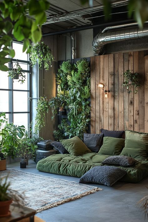 ♥ Are you looking to refresh your home bedroom with a touch of industrial style? Dive into the charm of this modern industrial bedroom featuring rustic decor and industrial shelving. Perfect for creating a cozy and urban atmosphere in your bedroom. Explore more bedroom inspirations here! 🛏️🏙️ #IndustrialBedroom #IndustrialDecor #HomeDecor #InteriorDesign #BedroomInspo Industrial Interior With Plants, Modern Industrial Bedroom Decor, Feminine Industrial Decor, Cozy Industrial Decor, Green Sunroom, Cozy Loft Apartment, Industrial Bedrooms, Modern Industrial Bedroom, Industrial Minimalist Interior