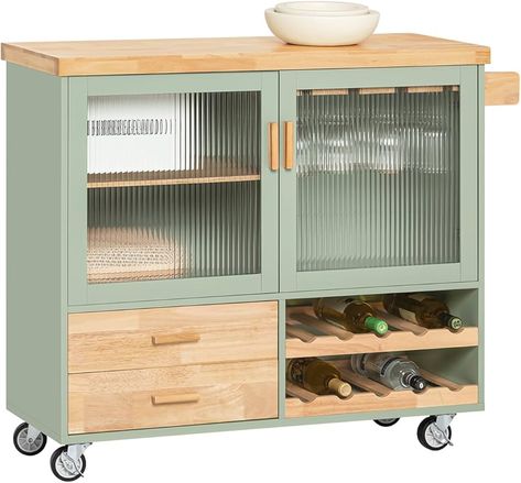 SoBuy FKW114-GR, Kitchen Island Kitchen Storage Trolley with 2 Glass Doors, Kitchen Dining Room Sideboard on Wheels, Green and Natural : Amazon.co.uk: Home & Kitchen Kitchen Trolley Design, Kitchen Storage Trolley, Solid Wood Kitchens, Dining Room Sideboard, Wood Kitchen Island, Kitchen Trolley, Storage Trolley, Behind The Glass, Compact Kitchen